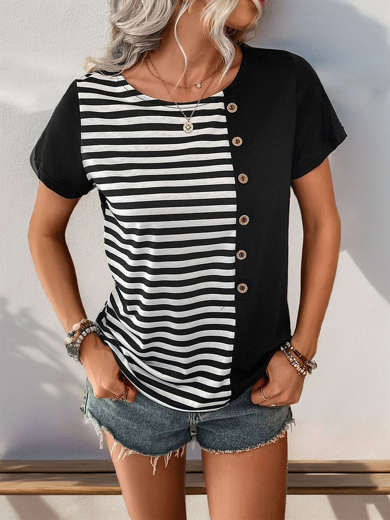 Perfee Striped Round Neck Short Sleeve T-Shirt