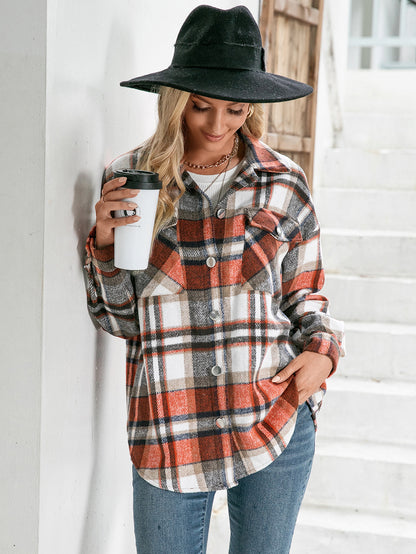 Ivy Lane Meet You Outside Plaid Button Down Curved Hem Shacket Orange