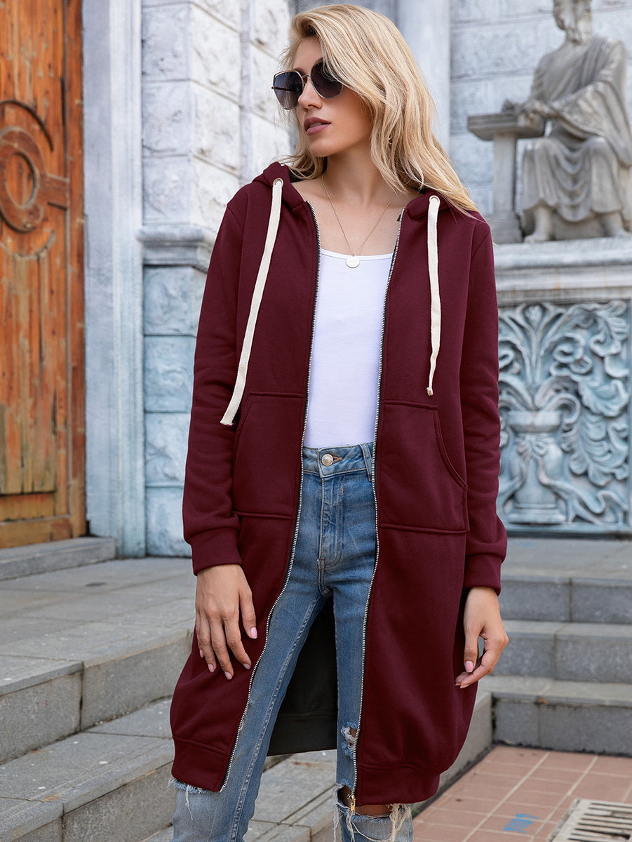 Ivy Lane Zip-Up Longline Hoodie with Pockets Burgundy