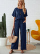 Round Neck Half Sleeve Top and Pocketed Pants Set Dark Blue
