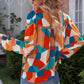 Abstract Pattern Crewneck Ruffled Puff Sleeve Blouse