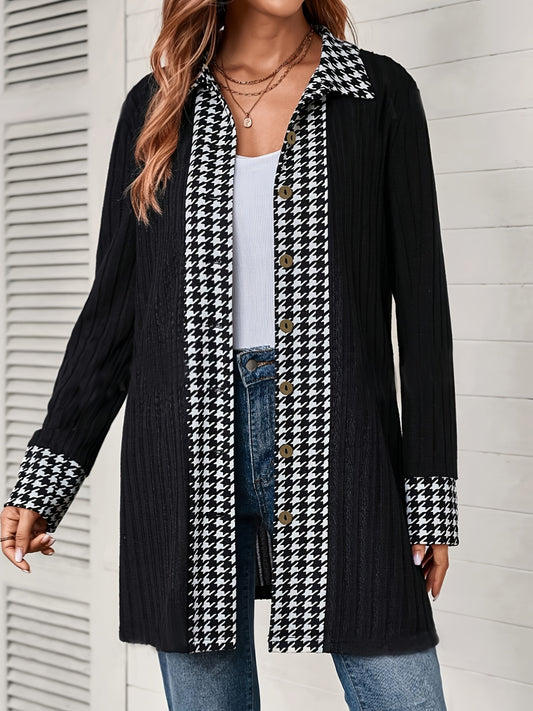 Houndstooth Button Up Long Sleeve Cardigan