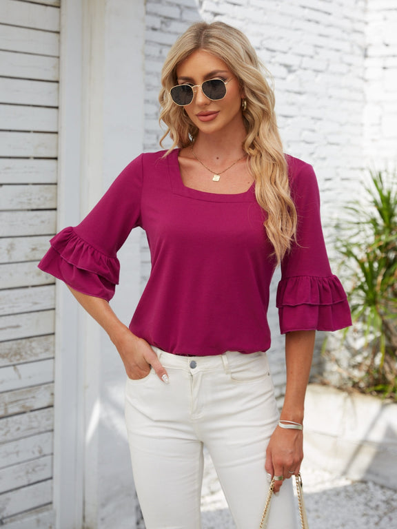 Ruffled Suqare Neck Half Sleeve Blouse Hot Pink