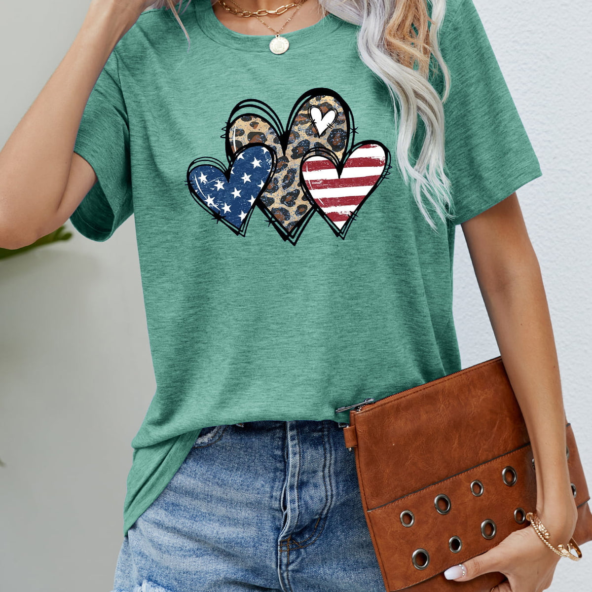 US Flag Leopard Heart Graphic Tee Gum Leaf