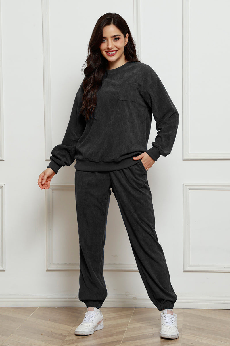 Corduroy Round Neck Sweatshirt and Sweatpants Set Dark Gray