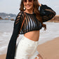 Openwork Boat Neck Long Sleeve Cover-Up