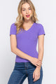 ACTIVE BASIC V-Neck Ribbed Short Sleeve Knit T-Shirt PURPLE