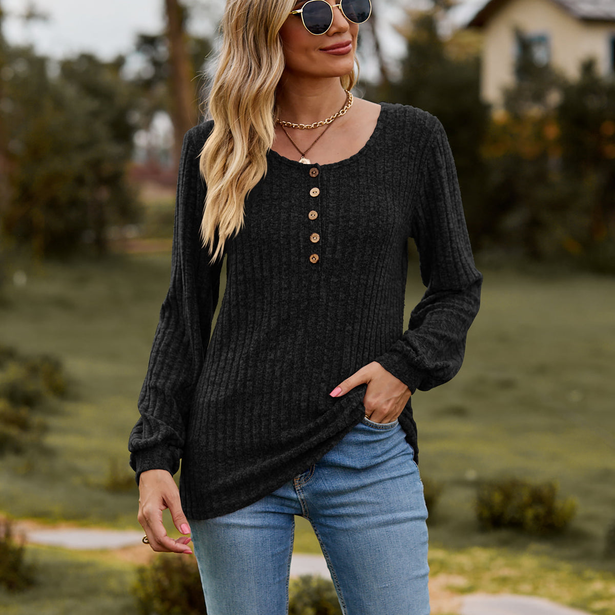 Round Neck Button-Down Long Sleeve Tee Black