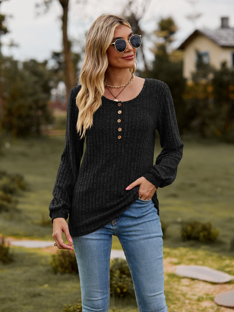 Round Neck Button-Down Long Sleeve Tee Black