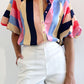 Color Block Button Up Balloon Sleeve Shirt