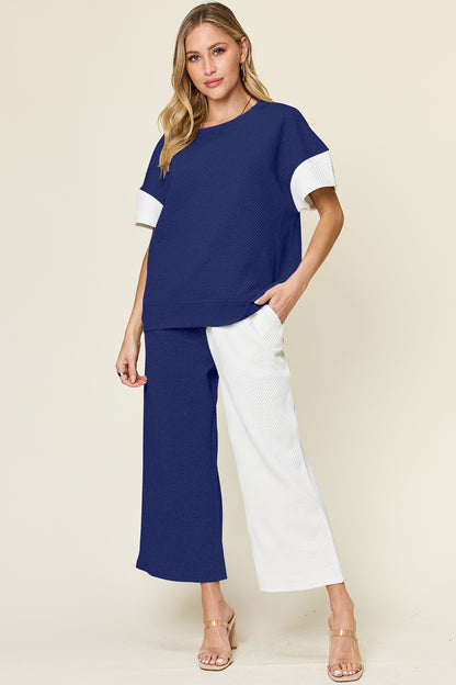 Double Take Full Size Texture Contrast T-Shirt and Wide Leg Pants Set Royal Blue