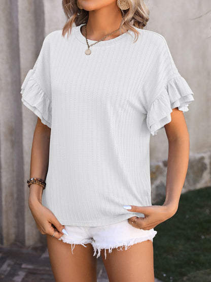 Mandy Ruffled Round Neck Short Sleeve Blouse White