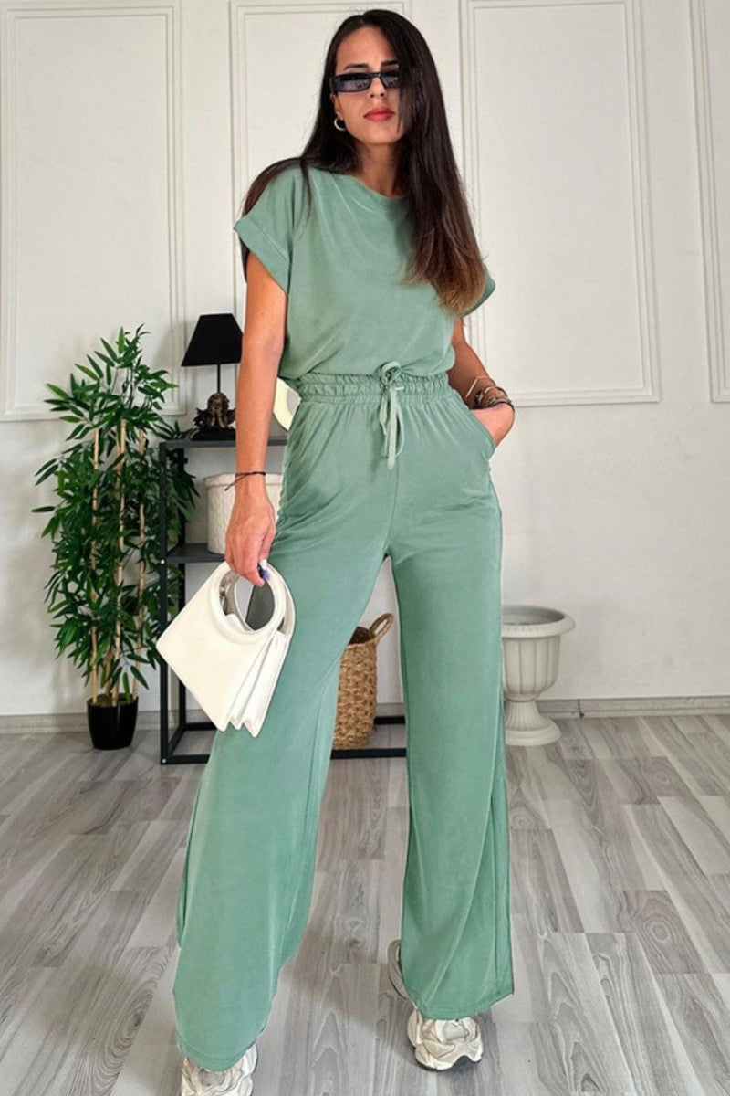 Round Neck Short Sleeve Top and Drawstring Pants Set Gum Leaf