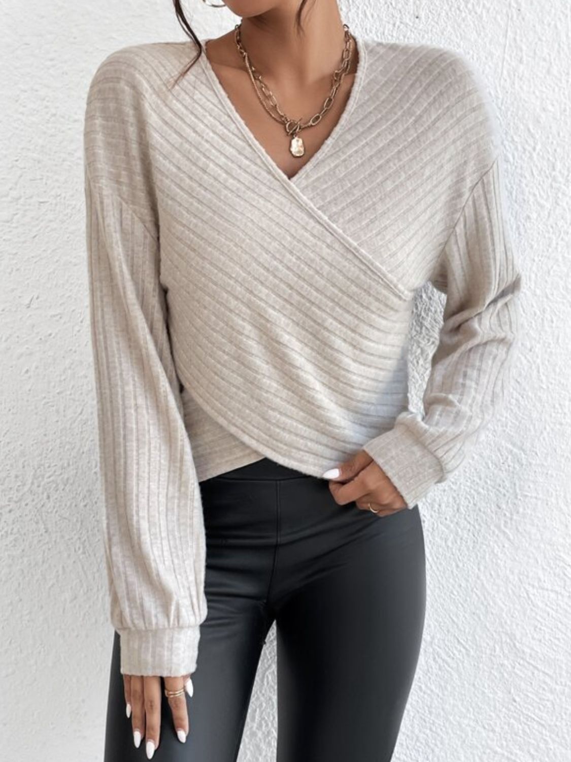 Surplice Dropped Shoulder Long Sleeve T-Shirt Dust Storm