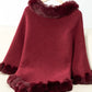 Fuzzy Trim Texture Three-Quarter Sleeve Poncho