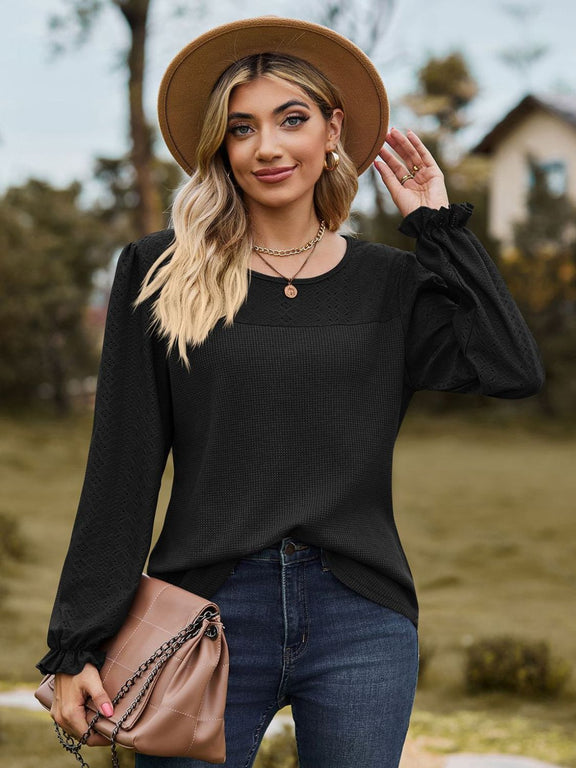 Round Neck Flounce Sleeve Top Black