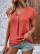 Decorative Button V-Neck Short Sleeve Blouse Coral