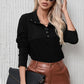 Ribbed Knit Henry Collar Loose Fitting Long Sleeve Top