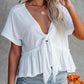 Tied Plunge Short Sleeve Blouse