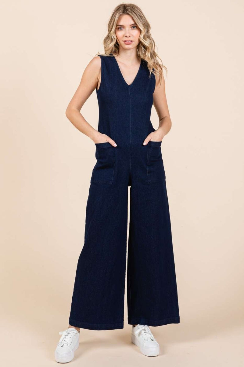 Mittoshop Sleeveless Wide Leg Denim Jumpsuit