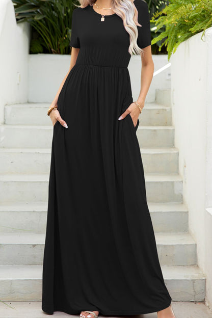 Round Neck Maxi Tee Dress with Pockets Black