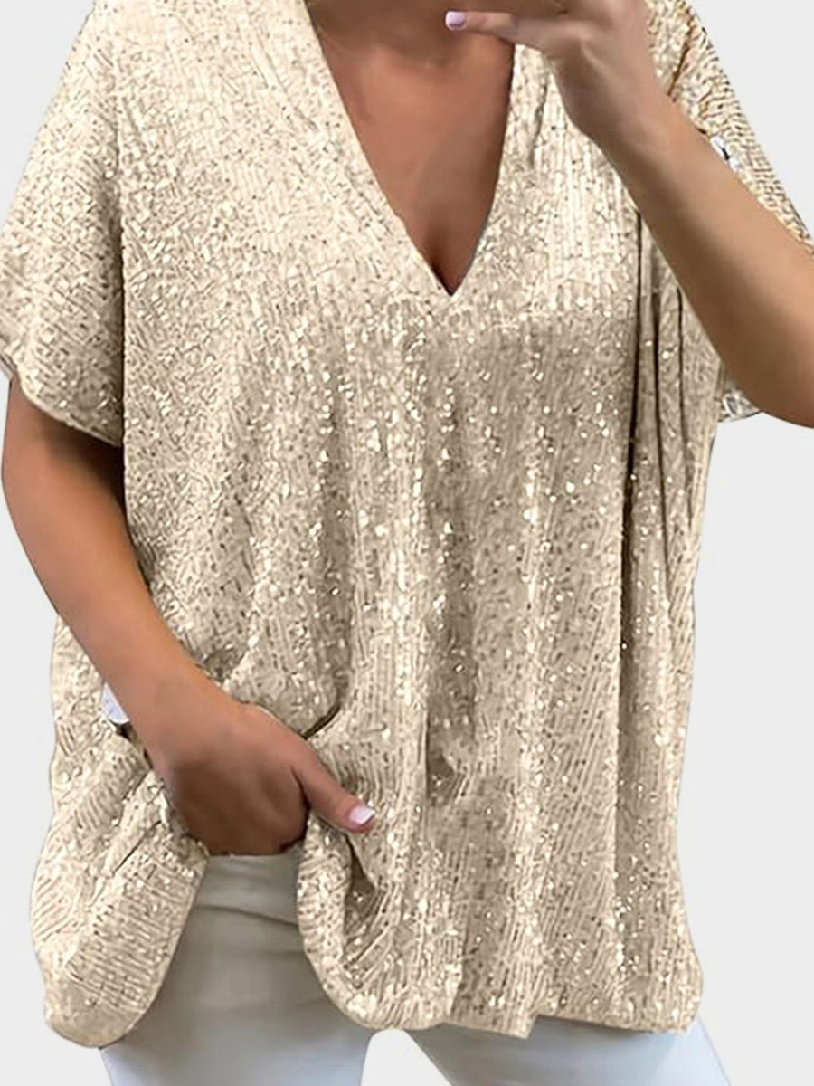Full Size Sequin V-Neck Short Sleeve Top Pastel Yellow