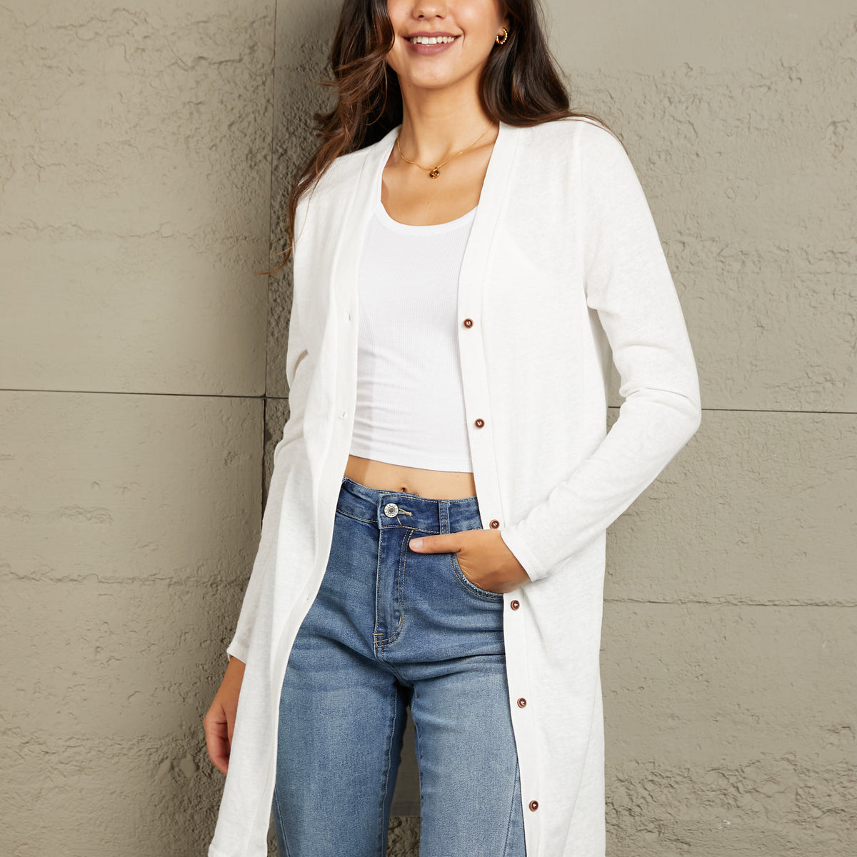 Button Down Long Sleeve Longline Cardigan