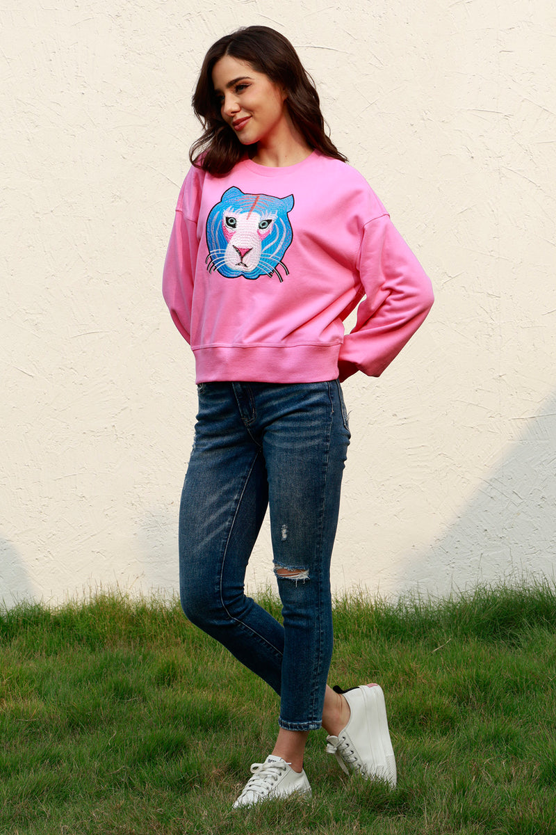 Tiger Embroidered Drop Shoulder Sweatshirt