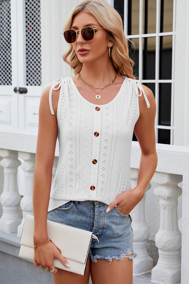 Eyelet Round Neck Wide Strap Tank White