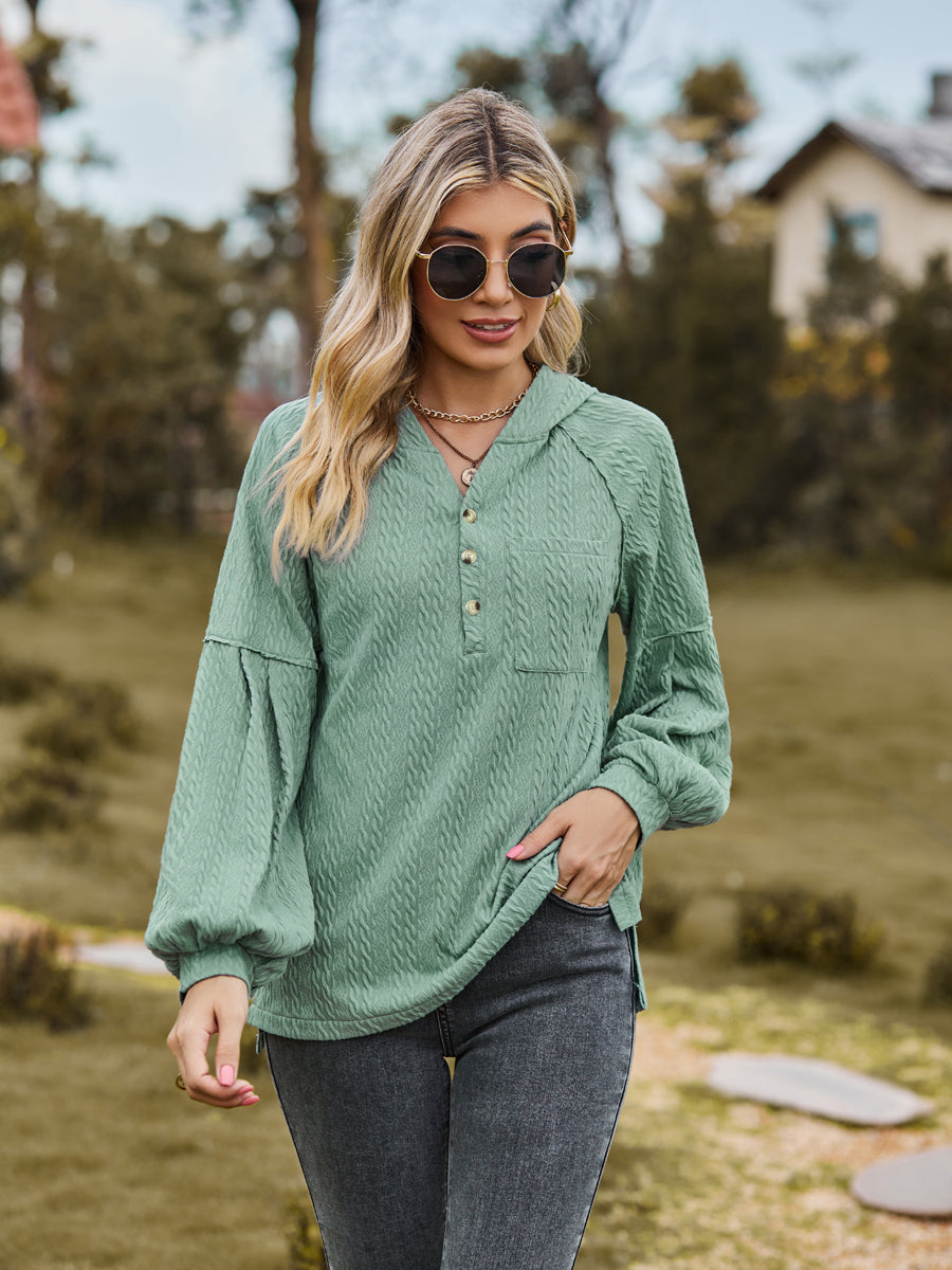 Cable-Knit Dropped Shoulder Hoodie Gum Leaf