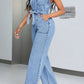 Tied Half Button Denim Jumpsuit with Pockets