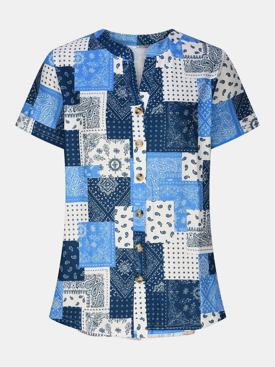 Printed Notched Short Sleeve Blouse Blue