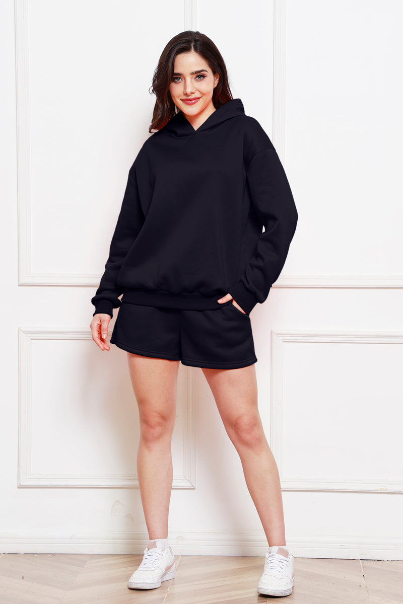 Drop Shoulder Long Sleeve Hoodie and Shorts Set Dark Blue