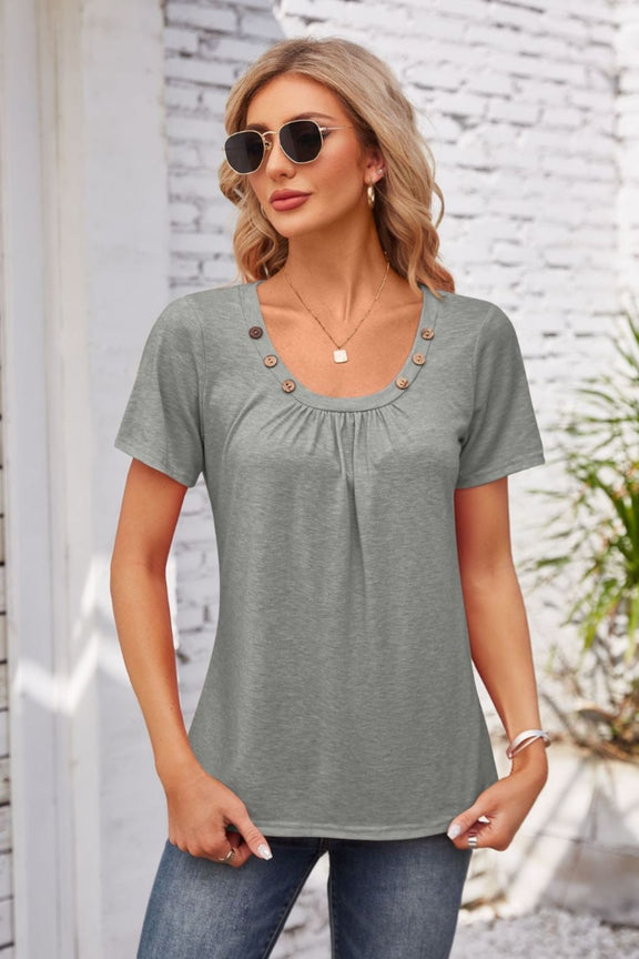 Decorative Button Scoop Neck T-Shirt Gray