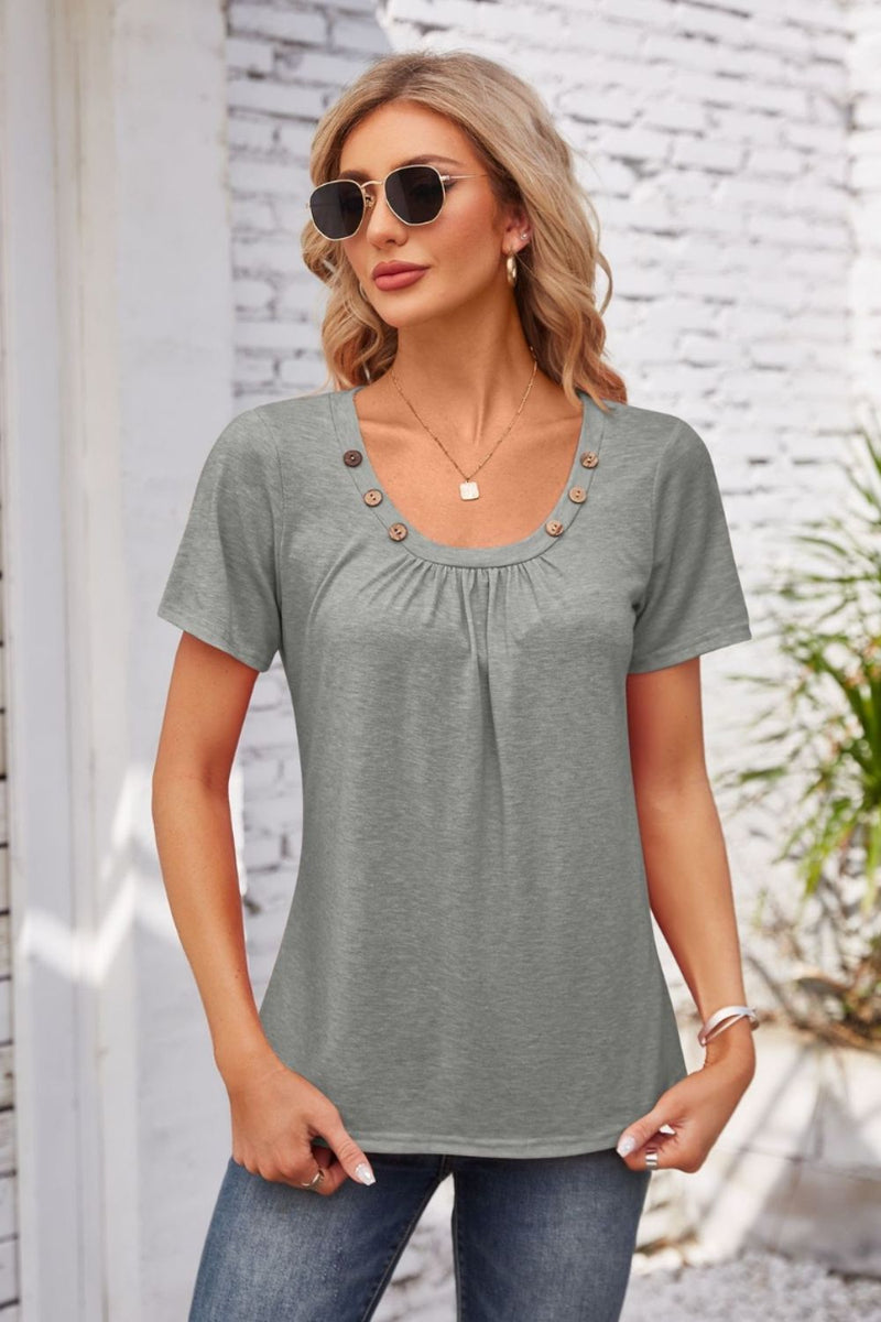 Decorative Button Scoop Neck T-Shirt Gray