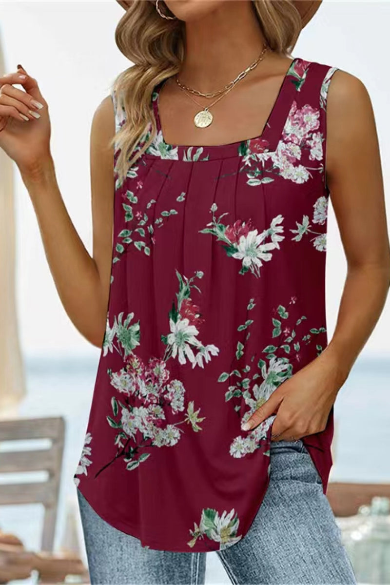 Printed Square Neck Curved Hem Tank Wine