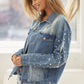 BiBi Pearl Detail Distressed Button Up Denim Jacket