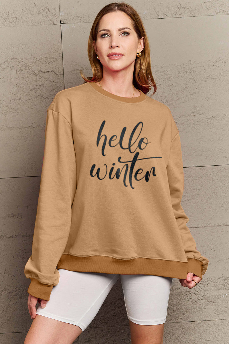 Simply Love Full Size HELLO WINTER Graphic Sweatshirt Caramel