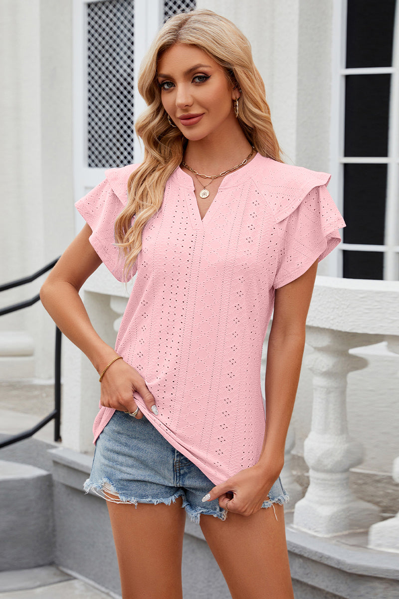 Eyelet Notched Short Sleeve T-Shirt Blush Pink