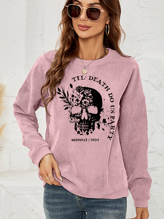 Skull Graphic Dropped Shoulder Sweatshirt Dusty Pink
