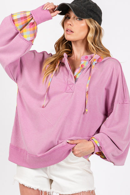 SAGE + FIG Full Size Plaid Print Washed Hoodie Lilac