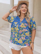 Plus Size Printed Notched Short Sleeve Blouse Blue