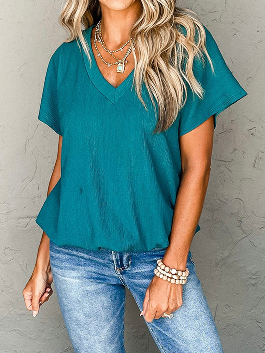 Textured V-Neck Short Sleeve T-Shirt Teal