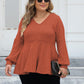 Plus Size Ribbed V-Neck Long Sleeve Blouse