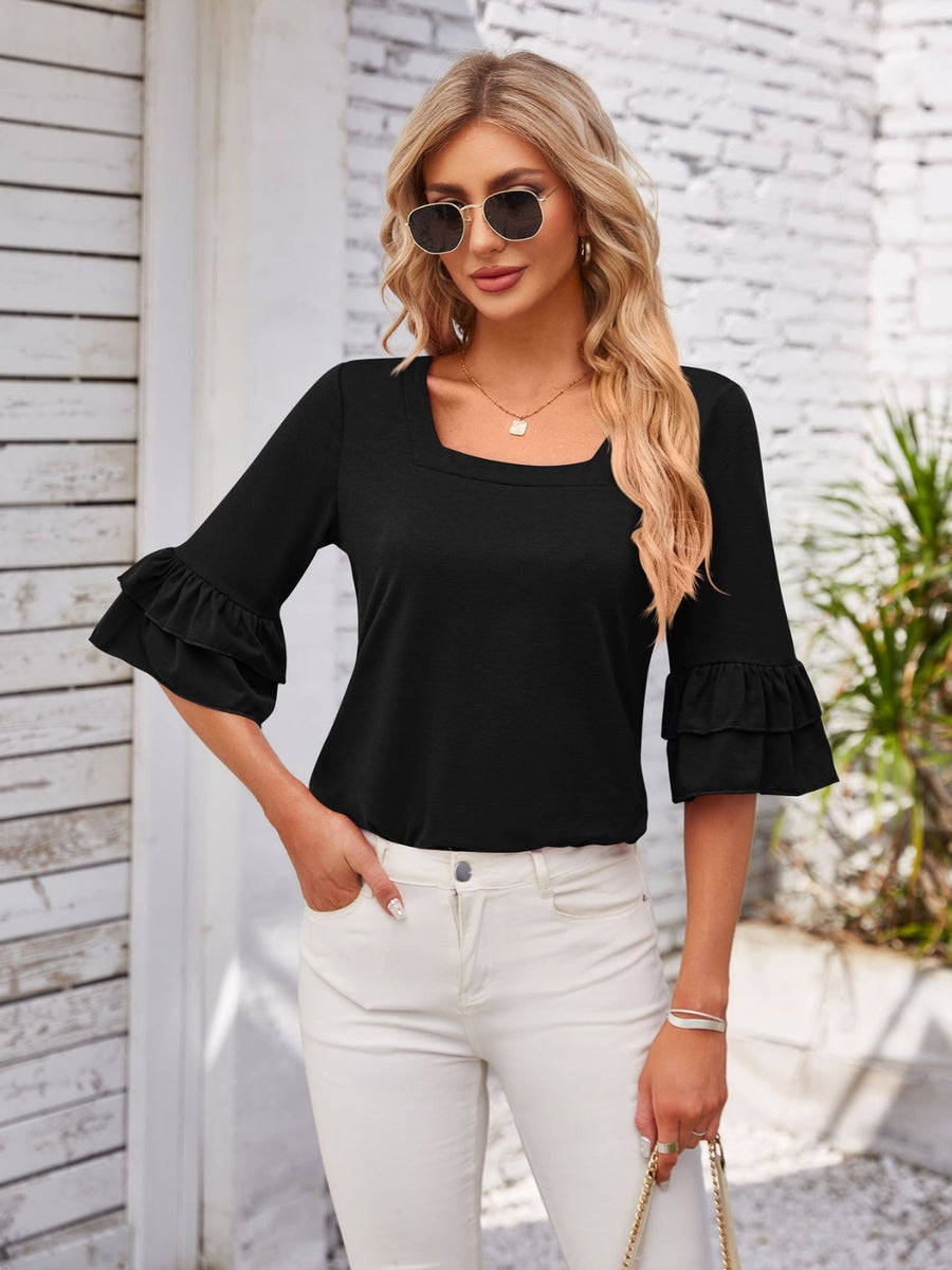 Ruffled Suqare Neck Half Sleeve Blouse Black