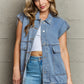 Collared Neck Sleeveless Denim Top with Pockets