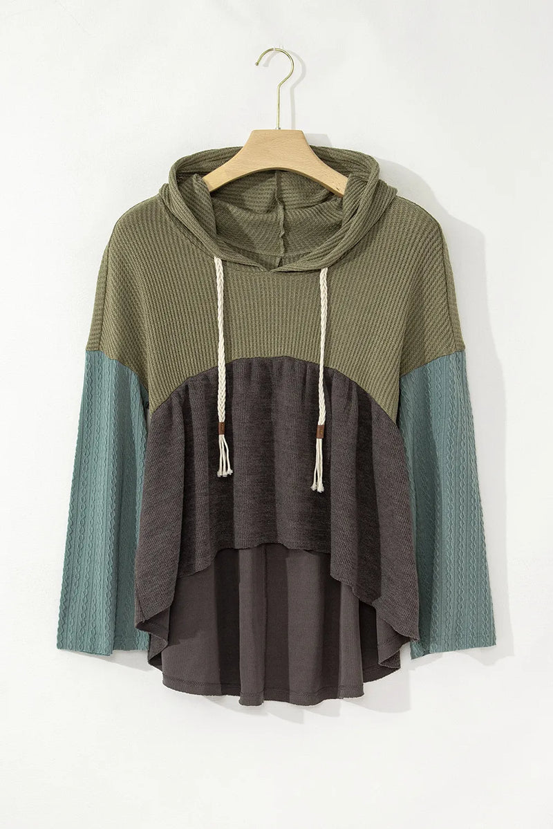 Waffle-Knit High-Low Color Block Hooded Long Sleeve Top