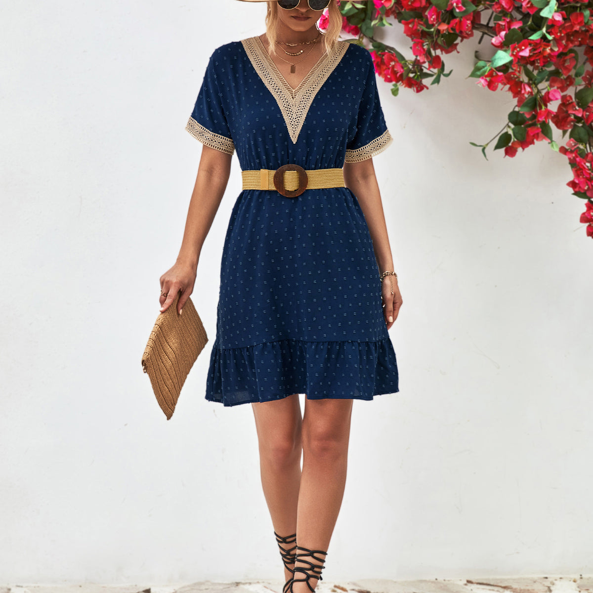 Contrast V-Neck Short Sleeve Mini Dress