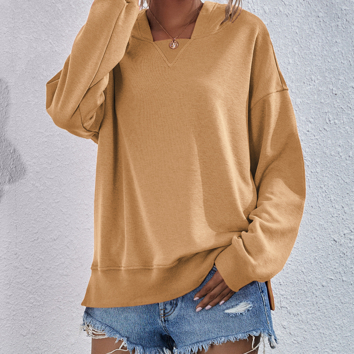 Dropped Shoulder Slit Hoodie Mustard