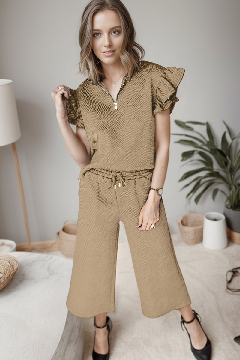 Ruffled Quarter Zip Top and Drawstring Pants Set Camel